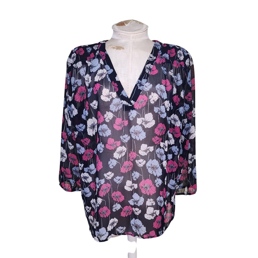 Ann Taylor Blouse Women's Large Sheer Navy & Pink Floral Design